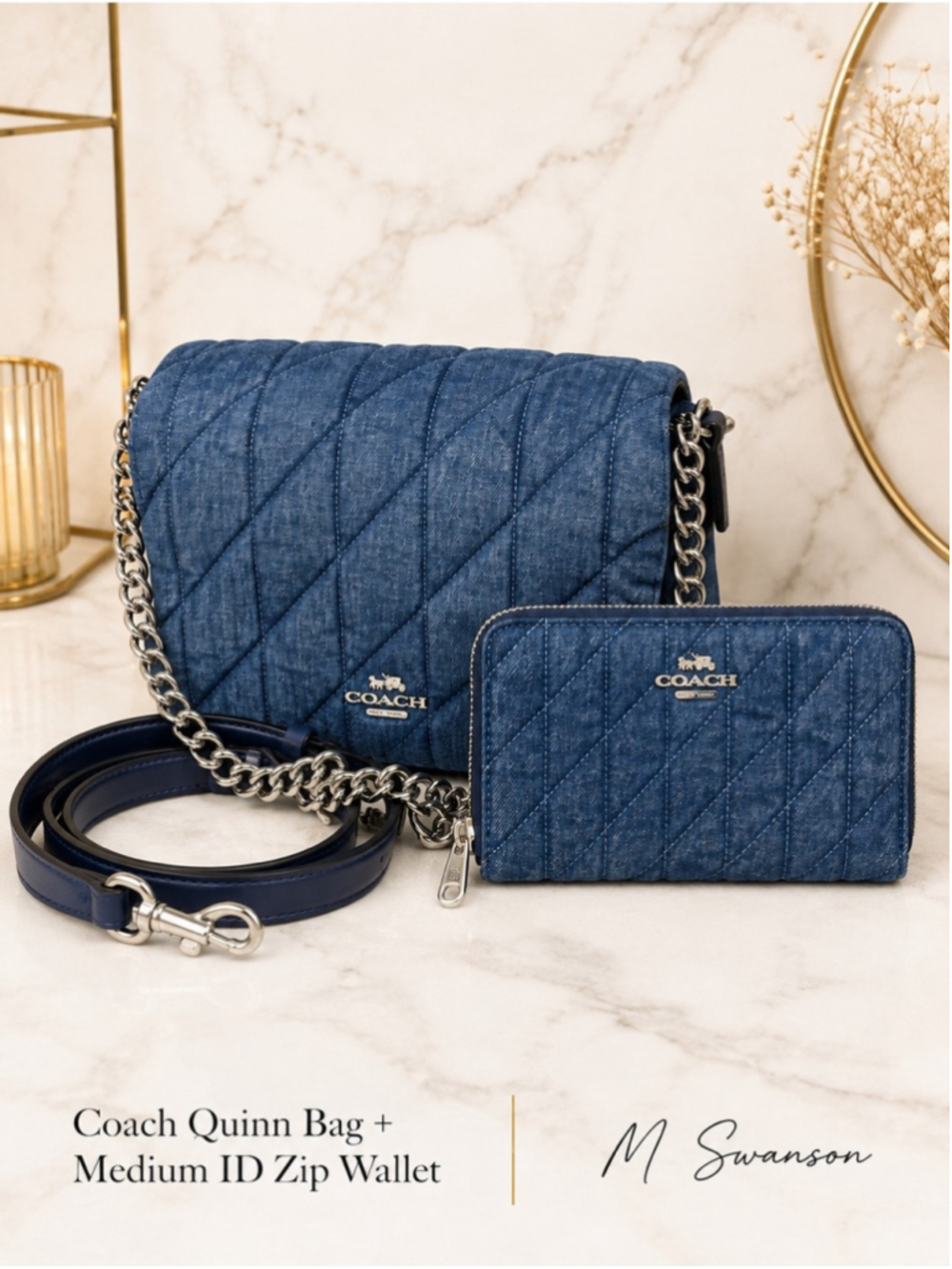NEW Coach Quinn Quilted Denim Bag + Medium ID Wallet Set NWOT